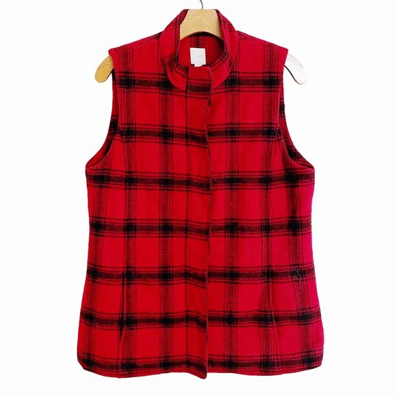 J.Jill Vest Size S Red and Black Buffalo Plaid Wool Blend Warm Full Zip Snap - Picture 1 of 8